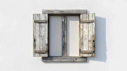 A charming wooden shuttered window, slightly open, revealing a glimpse of a bright sky beyond