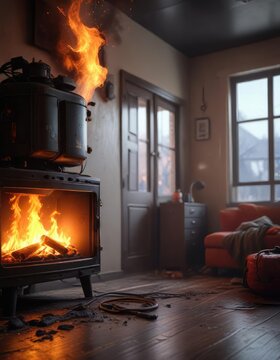 Un bombero con manguera apaga un incendio en una habitaci?n con electrodom?sticos quemados, fuego, llamas, apagado