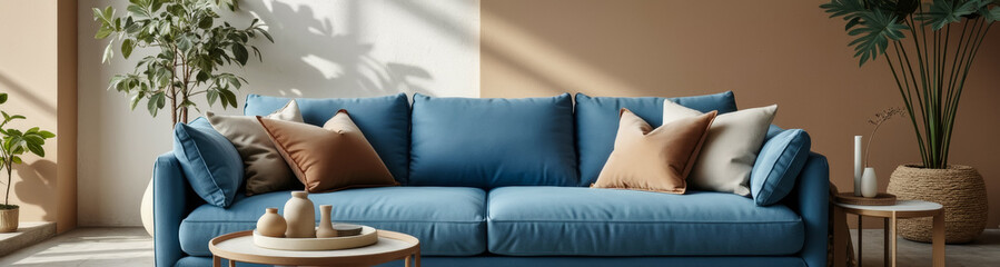 teal sofa with earth-toned pillows in a sunlit living room