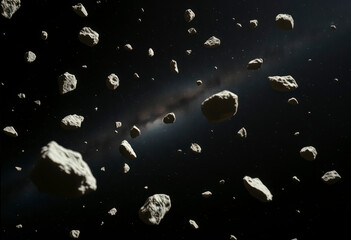 An array of asteroids floats through the vast asteroid belt, illuminated by distant light, showcasing the beauty of the solar system.