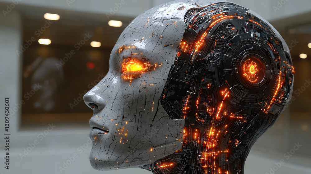 Poster futuristic biomechanical robot with neural circuits and human-like skin in a sleek environment
