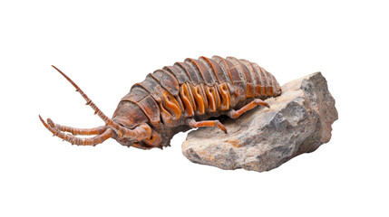 A large brown and orange bug is laying on a rock