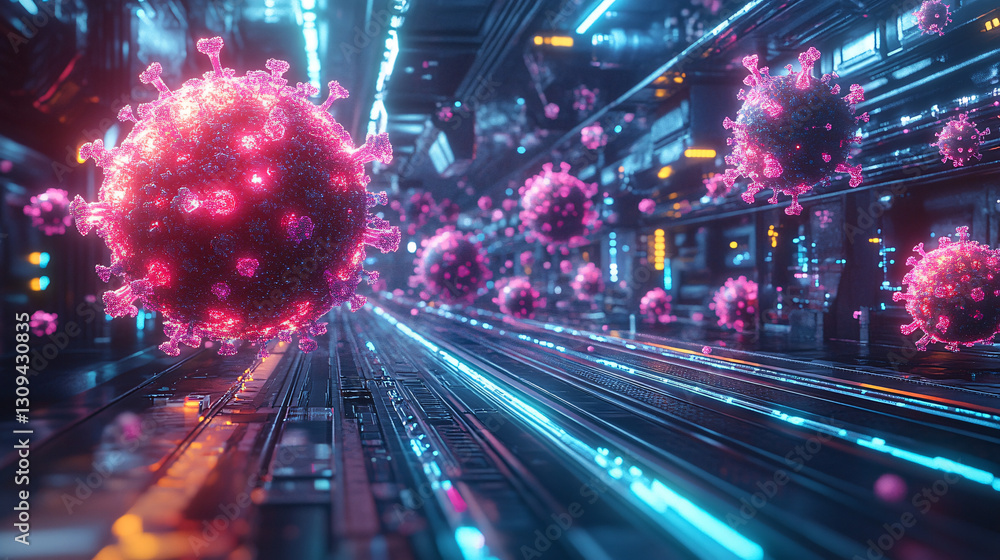 Poster health immune routine. futuristic digital representation of viruses in a high-tech setting.
