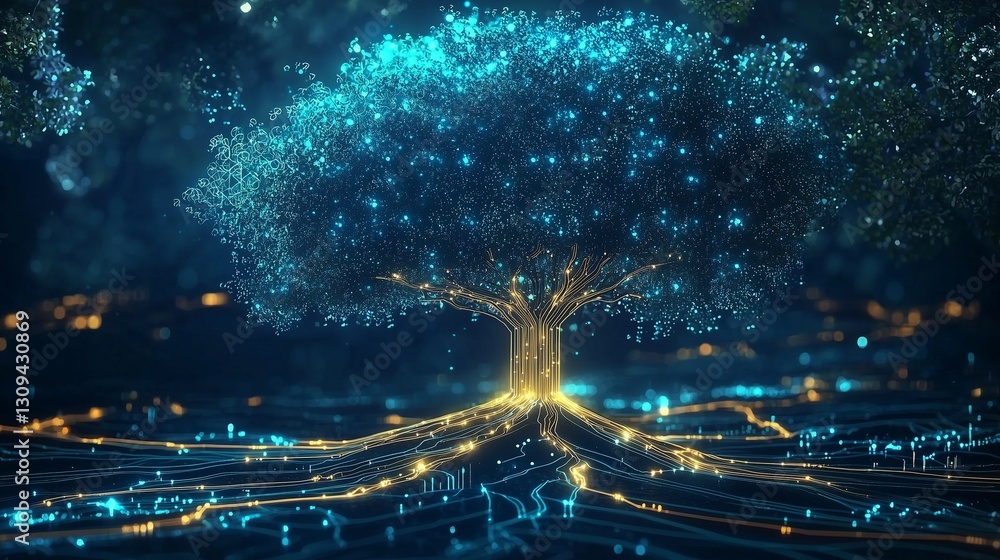 Poster a luminous blockchain tree symbolizes digital wealth and growth.