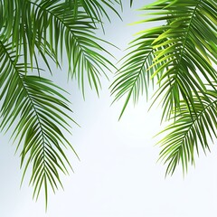 Fototapeta premium Lush green palm fronds against a light blue sky.