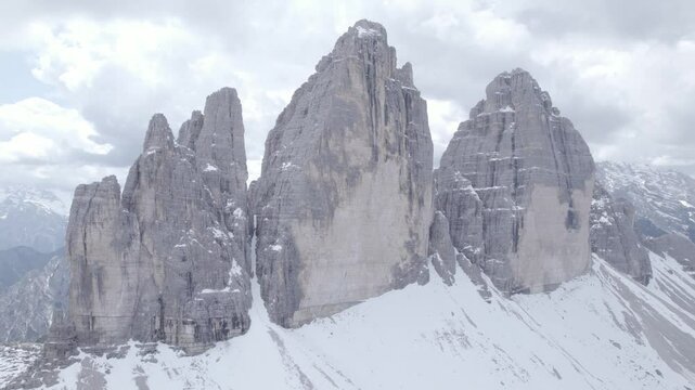 Tre Cime di Lavaredo mountain view in the dolomites italy alps in winter