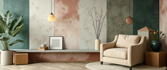 beige armchair in a room with textured walls and natural decor