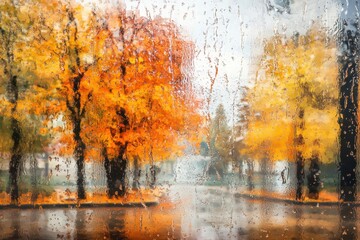 A unique perspective of a wet glass window covered in raindrops, with blurred autumn foliage in the background