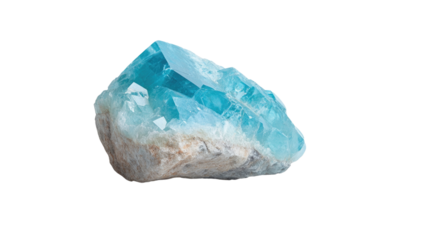 A blue crystal rock sits on a white background