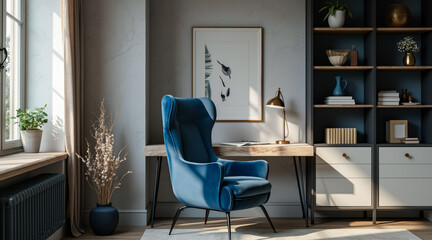 luxurious blue velvet armchair in a sunlit modern home office
