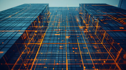 Abstract Architectural Design With Blue And Orange Illumination Displaying Complex Network Of Lines