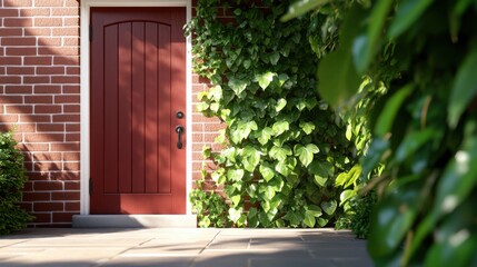 Fototapeta premium Red door on a brick wall, partially obscured by lush green ivy, bathed in sunlight.