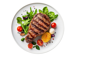 A plate of meat and vegetables with a grilled steak on top