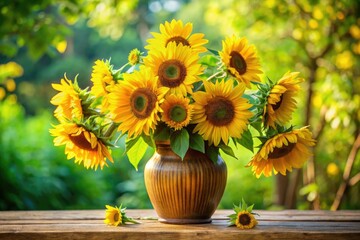 Vibrant sunflowers in a large vase surrounded by lush greenery and a hint of yellow, summer flowers, natural beauty, sunny disposition