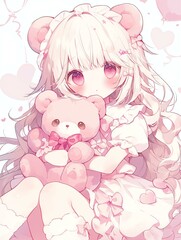 Cute Anime Girl with Teddy Bear - Pink Kawaii Illustration