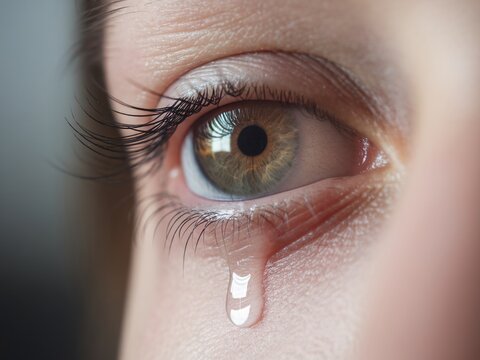 Close-up of a person&rsquo;s eye with a tear rolling down, showcasing deep emotion and vulnerability.