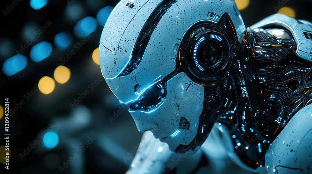 Poster humanoid bio-robot with advanced synthetic muscle fibers in futuristic setting