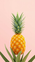 Fototapeta premium Vibrant yellow pineapple with long green leaves on pale pink backdrop, delicious, dessert