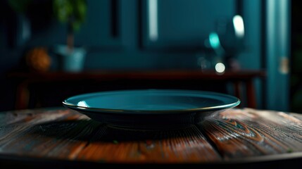 Obraz premium Elegant blue plate on rustic wooden table surface for gourmet dining presentations