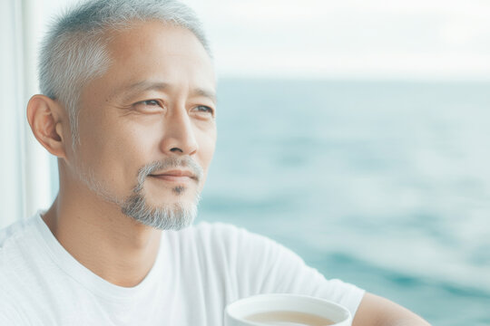 thoughtful man enjoying warm beverage by ocean, reflecting on life. serene atmosphere and gentle waves create peaceful moment - Powered by Adobe