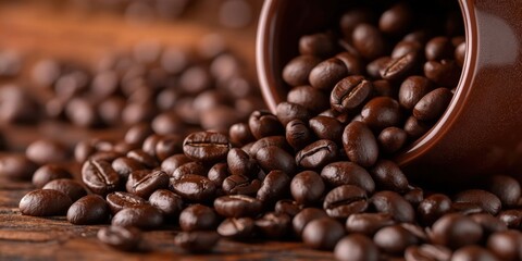 Fototapeta premium Chocolate-covered coffee beans spilling from a cup, rich brown hues, cinematic lighting