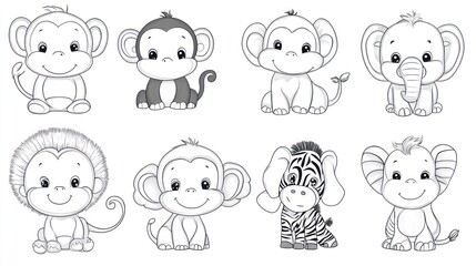 Obraz premium Cute cartoon animals, kids' coloring book page, children's illustrations, background, playful, stock, vector, graphic