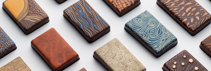 Chocolate bars designed with artistic patterns inspired by cultural motifs, niche artisan branding