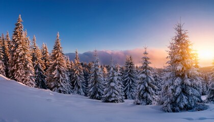 Fototapeta premium snow-covered trees in a winter wonderland are illuminated by the first light of day.