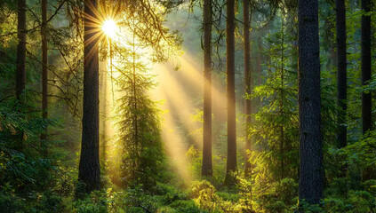 Peaceful forest scene features tall trees with sun rays filtering through.