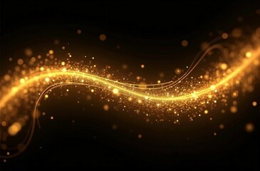 Glowing golden light effect on black background. Glittering abstract illustration. Luxury graphic design premium