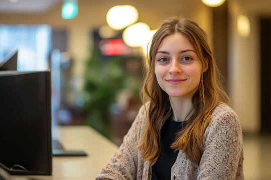 Happy receptionist talking to a customer at health spa generative AI image