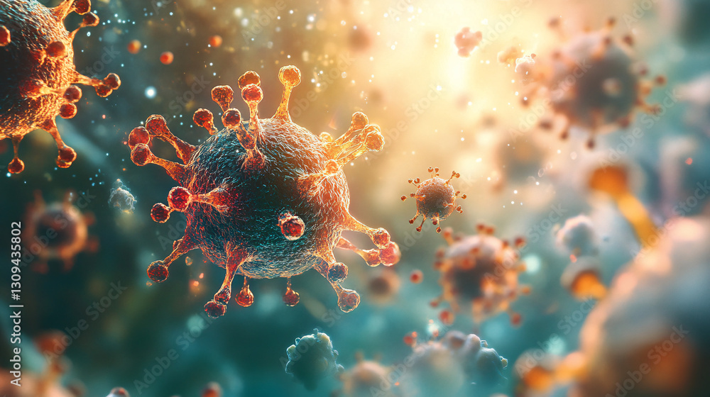 Aufkleber health immune routine. microscopic view of colorful virus particles in motion.