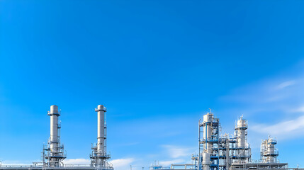 Industrial Factory Structures With White Towers and Blue Pipes Against a Clear Sky