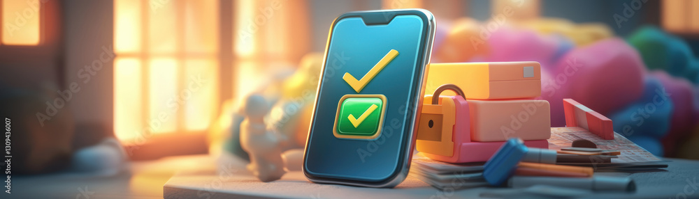 Poster smartphone displaying checkmark symbol, surrounded by colorful blocks and stationery items, represen