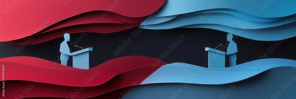 Poster bold paper art capturing the energy of a political debate with layered silhouettes and abstract desi