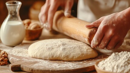 Fototapeta premium Rolling Dough for Homemade Bread with Milk and Ingredients on Wooden Table in Rustic Kitchen
