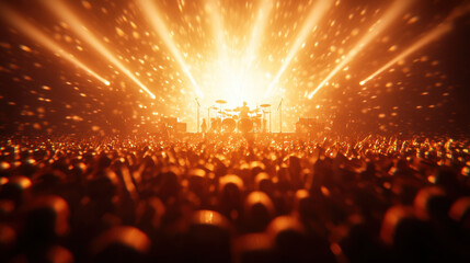 vibrant 3D rendering of 90s rock concert featuring band performing on stage, surrounded by energetic crowd. scene is illuminated with bright lights and warm glow, creating electrifying atmosphere