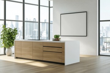 Modern kitchen island with city view, blank poster.