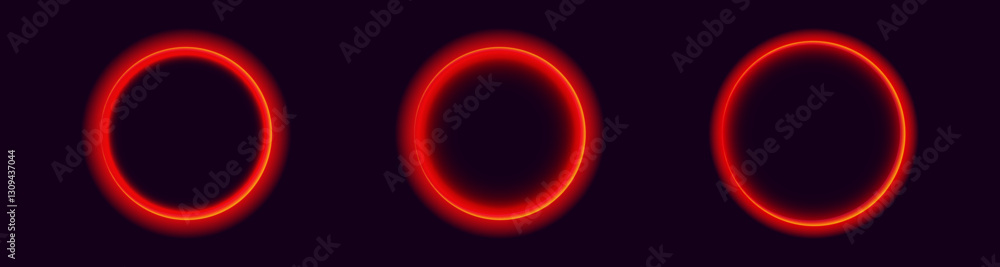 Poster three vibrant red neon circles emit a glowing light against a dark backdrop, creating a striking abs