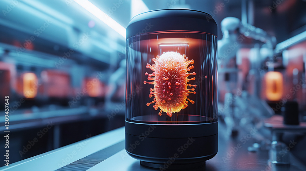 Aufkleber health immune routine. futuristic display of a glowing virus in a lab setting