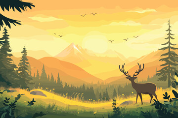 Wildlife in a mountain valley during golden hour. Buck and baby dear, Wild Animals Flat style cartoon vector illustration