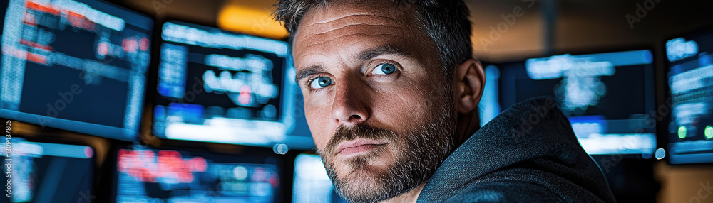 Poster focused man with beard looks at camera, surrounded by multiple screens displaying data and graphs, c