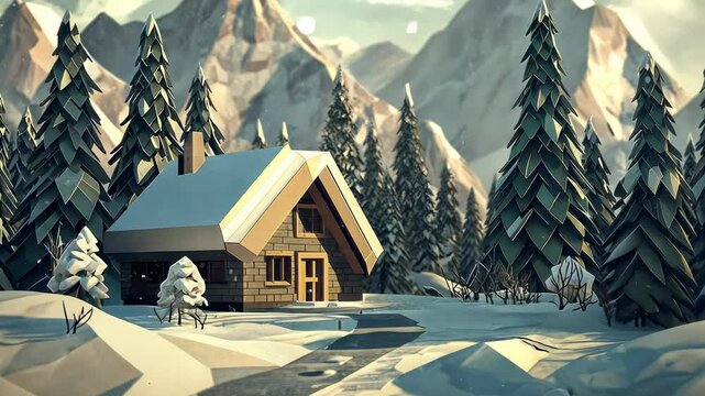 A low poly environment with a snowy mountain scene with angular pine trees and a geometric ski lodge. An animated illustration. - Powered by Adobe