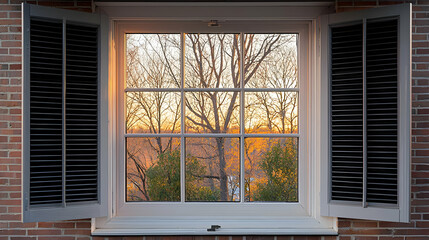 Open White Window with Shutters Offering a Sunset View with Golden Orange Sky and Autumnal Trees