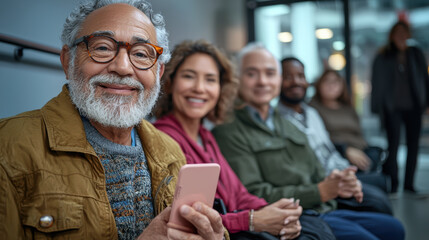 Fototapeta premium Smiling diverse group of patients waiting in healthcare facility, showcasing sense of community and connection. atmosphere is warm and inviting