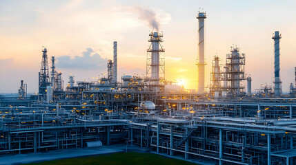 Fototapeta premium Industrial Complex At Sunset With Metallic Structures Smoke And Warm Light