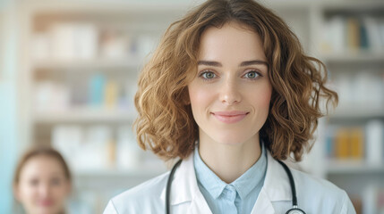 Friendly doctor smiling in clinic, wearing white coat and stethoscope, with patient in background. atmosphere is warm and welcoming, promoting health and wellness