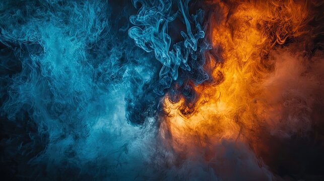 Blue and orange smoke swirls, contrasting colors, dark background, abstract art, design element