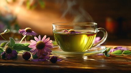 Fototapeta premium health immune routine. A steaming cup of herbal tea with flowers and leaves.