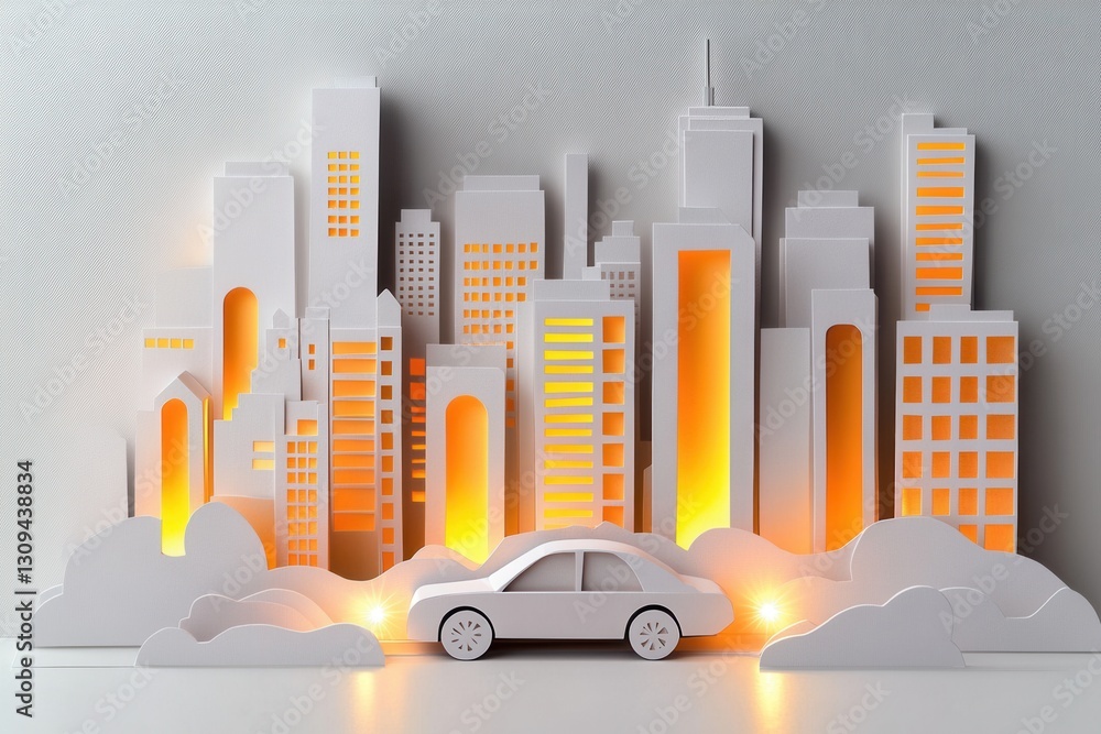 Aufkleber layered paper art display featuring a modern city skyline with illuminated windows and minimalist ca